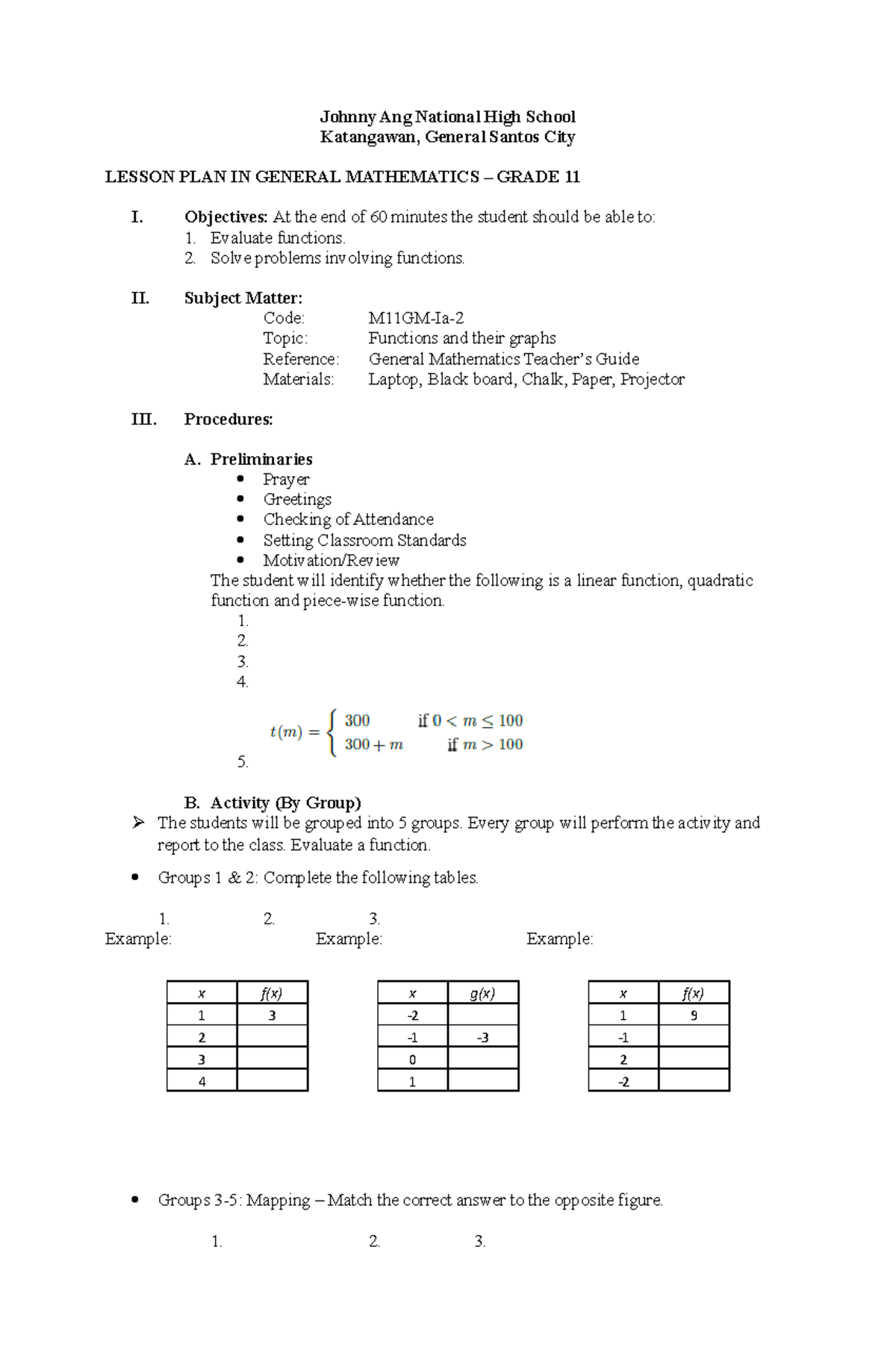 M11GM-Ia-2 - Lesson Plan on Functions for Grade 11 Mathematics - Studocu
