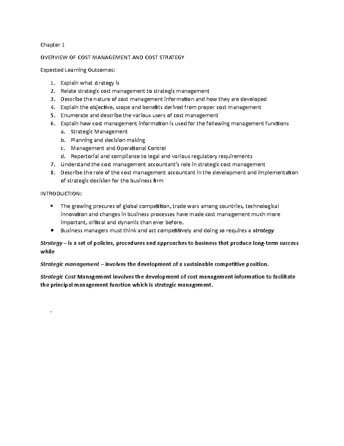 Chapter 1 Overview of Cost Management and Strategy - Chapter 1 OVERVIEW ...