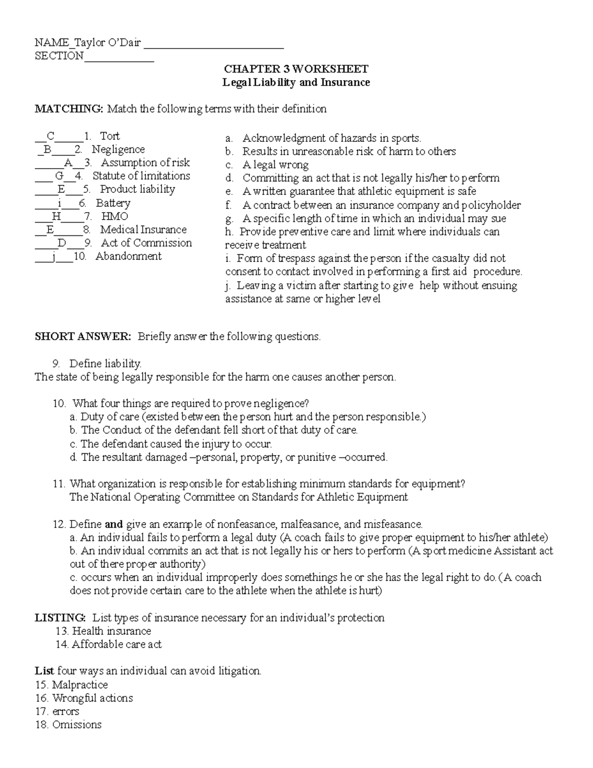 Sport Med Worksheet: Chapter 3 on Legal Liability & Insurance - Studocu