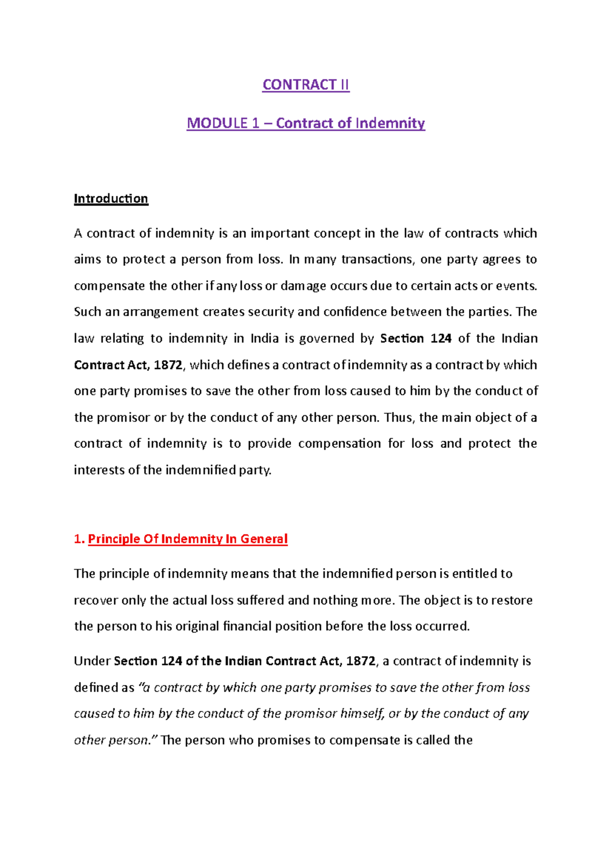 Contract II: Module 1 - Understanding Contracts of Indemnity and ...