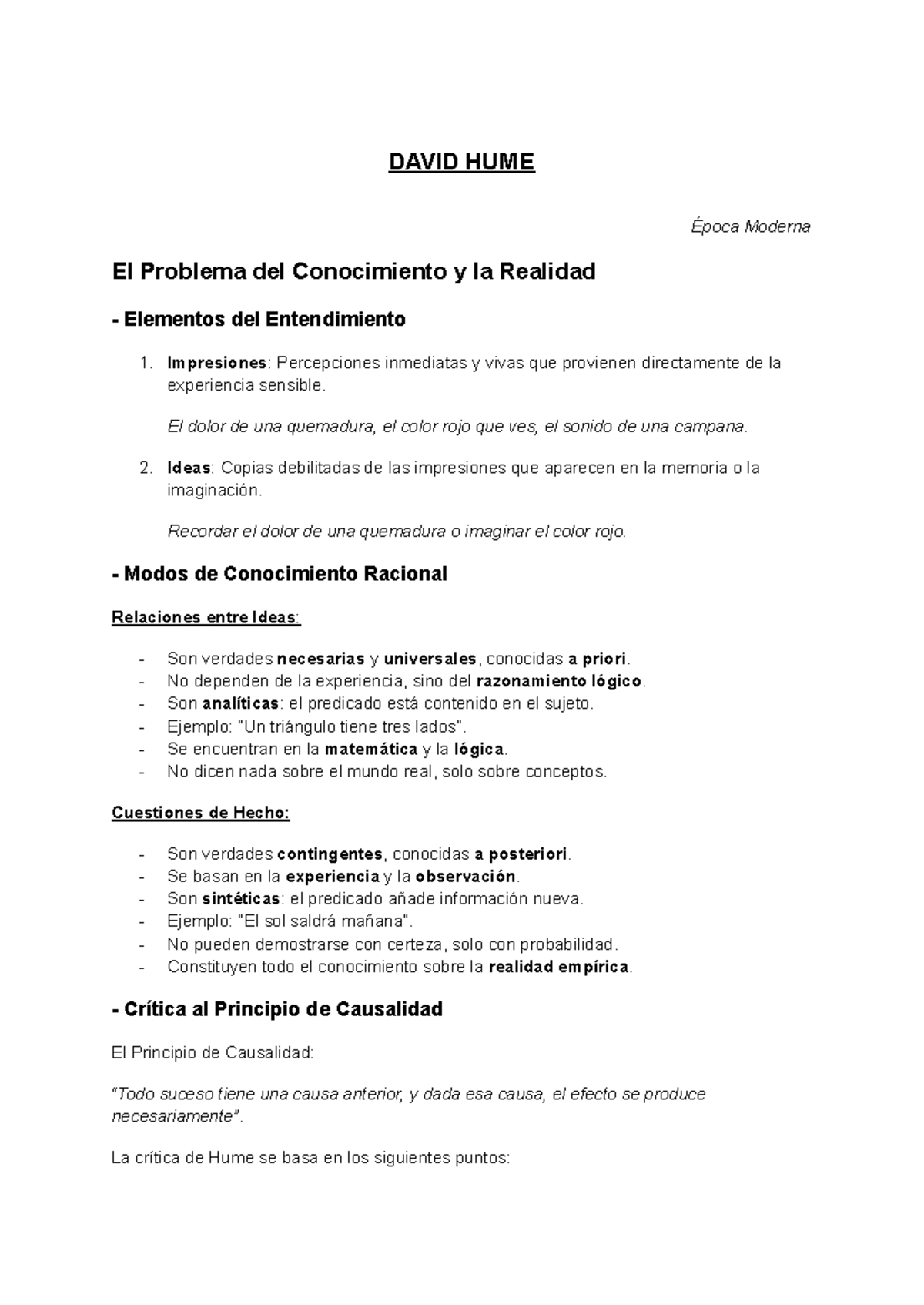 DAVID HUME - Apuntes Completos sobre Conocimiento y Realidad - Studocu