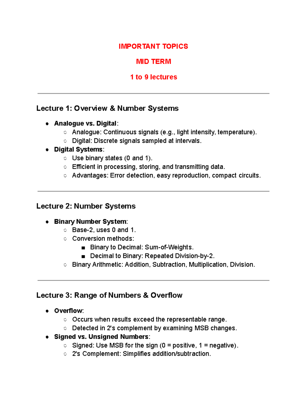 important topics - IMPORTANT TOPICS MID TERM 1 to 9 lectures Lecture 1 ...