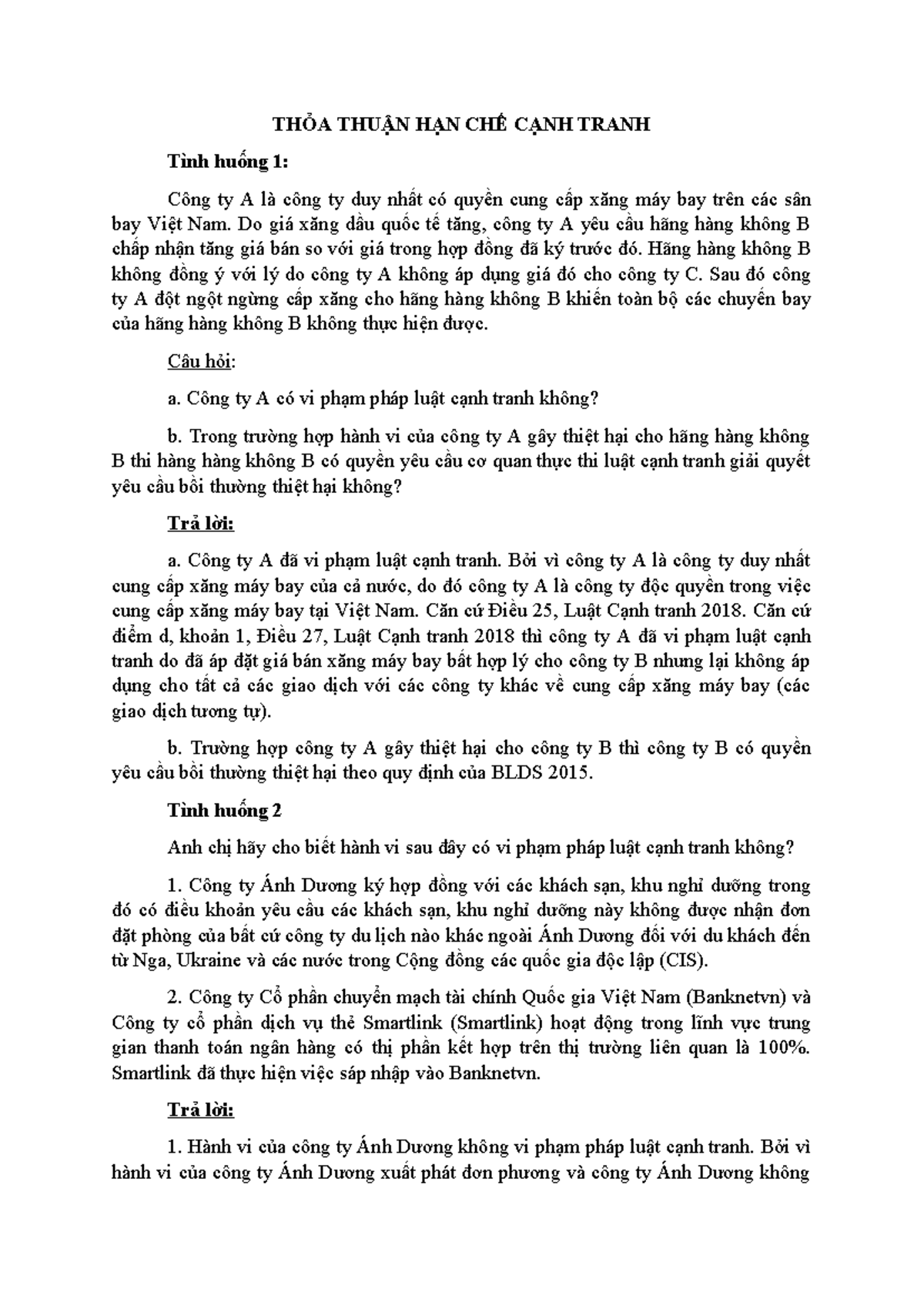 TÌNH HUỐNG ÔN TẬP Luật Cạnh Tranh - Phân Tích Hành Vi Cạnh Tranh Không Lành Mạnh - Document Preview