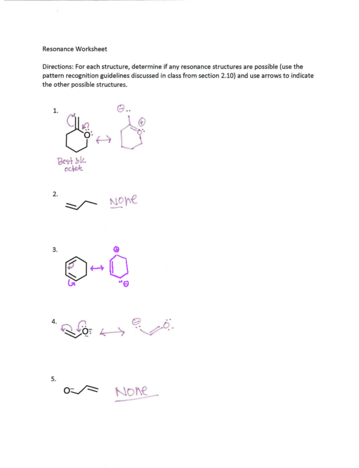 Resonance Worksheet 1 Key - CHEM 251 - Resonance Worksheet Directions ...