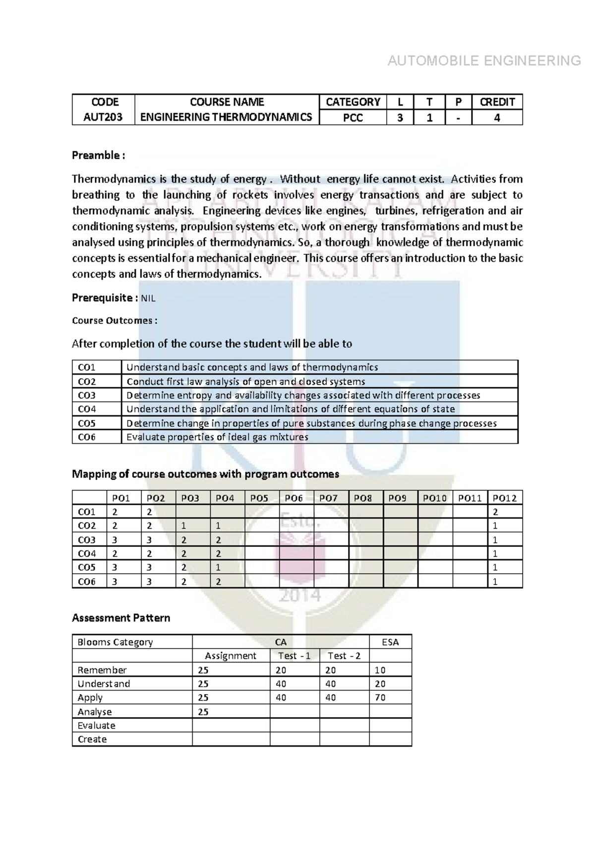 AUT203 - Engineering Thermodynamics: Comprehensive Course Overview ...