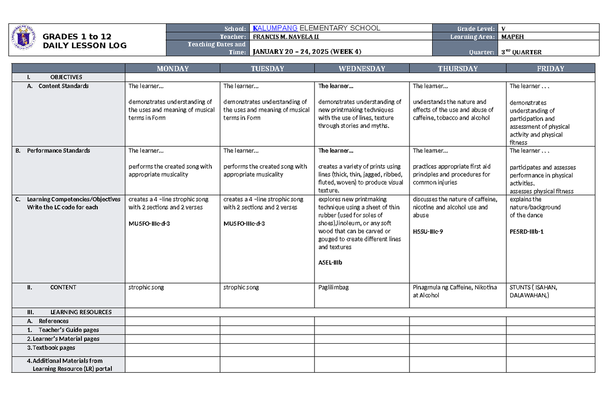 DLL Mapeh 5 Q3 W4 - GRADES 1 to 12 DAILY LESSON LOG School: KALUMPANG ...