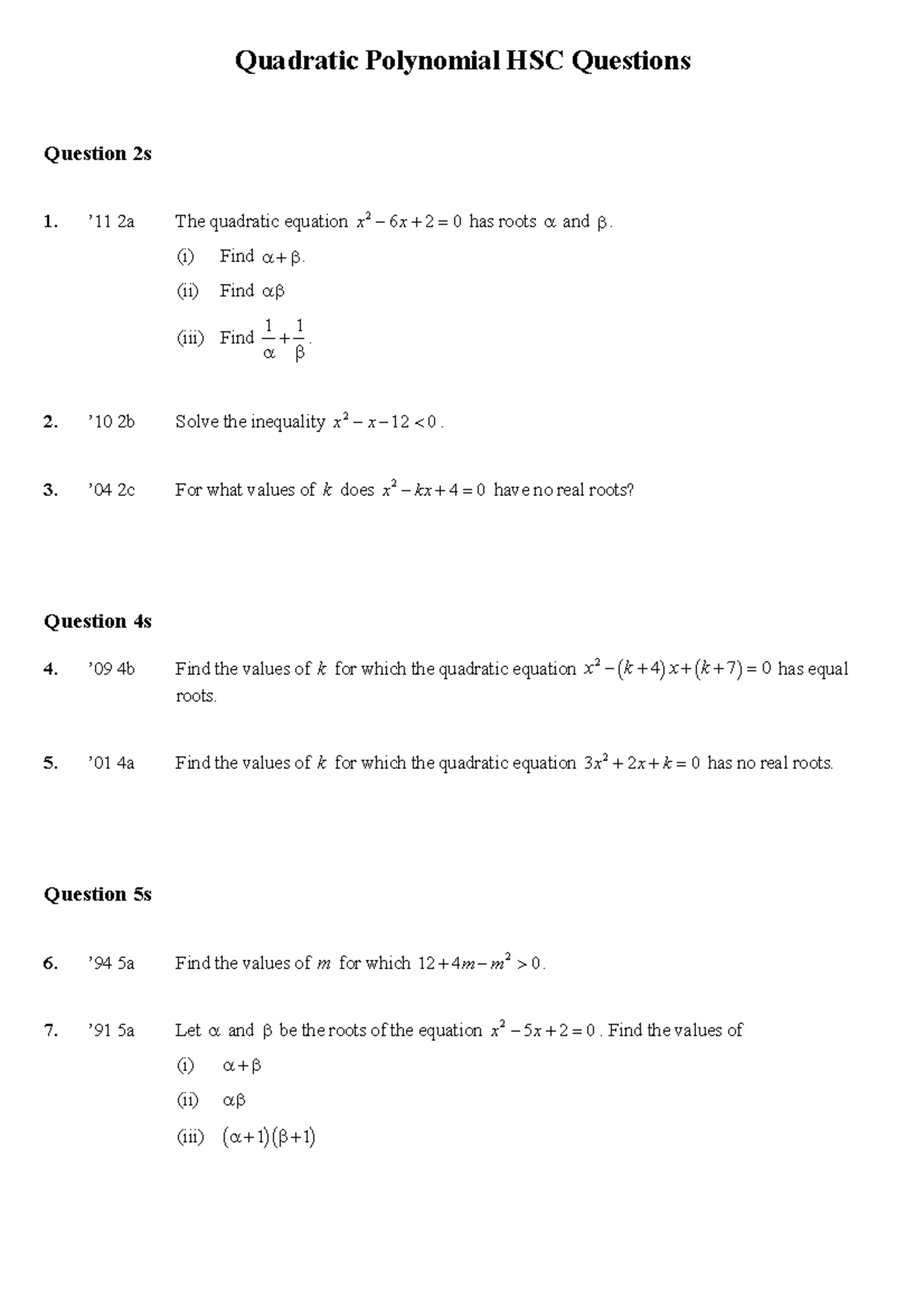 Quadratic Polynomial HSC Questions - SM Prelim by Topic 6 - Studocu