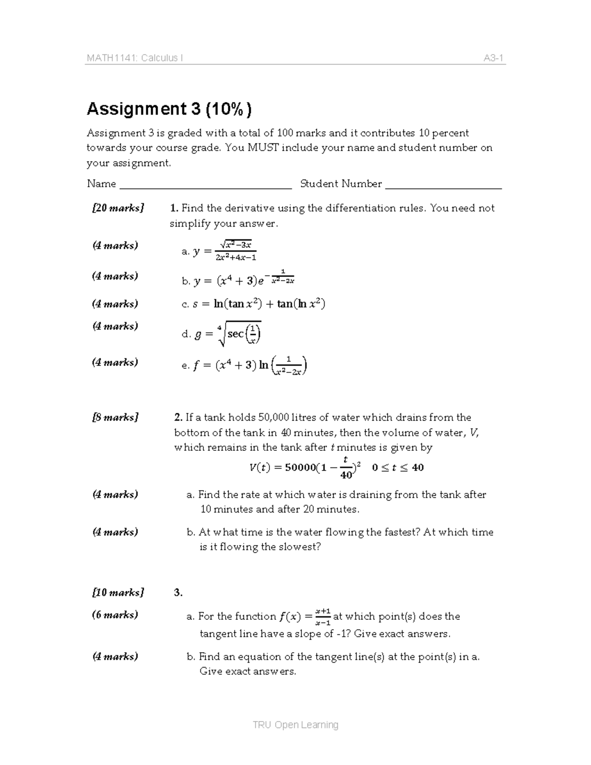 MATH1141: Calculus I Assignment 3 - Derivatives & Their Applications ...
