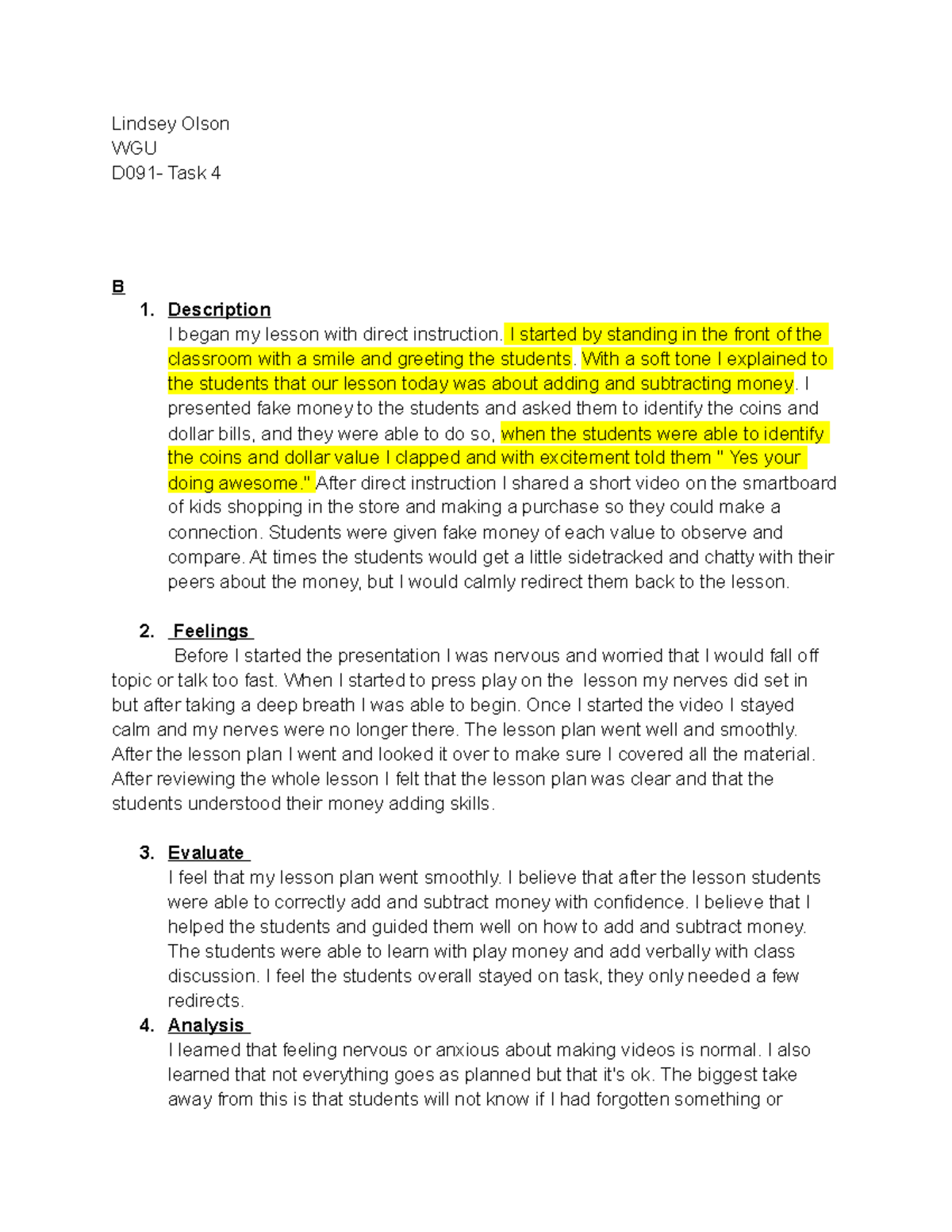 D091 Task 4 - Reflection on Teaching Money Adding Skills - Studocu
