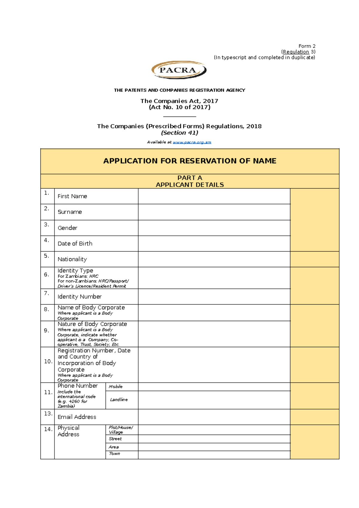 Companies Form 2 - Business registration - Form 2 (Regulation 3) (In ...
