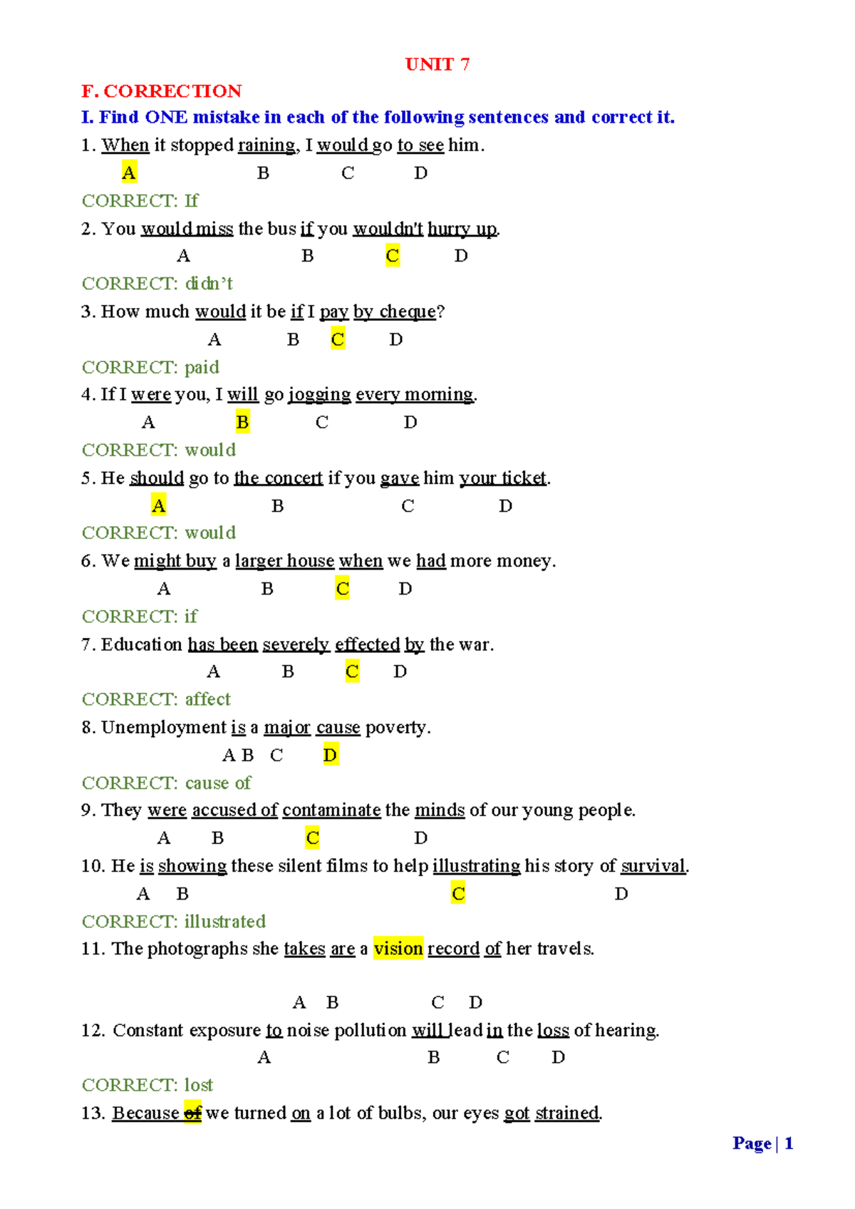 Correction Exercises for Units 7-12 (ENG 101) - Studocu