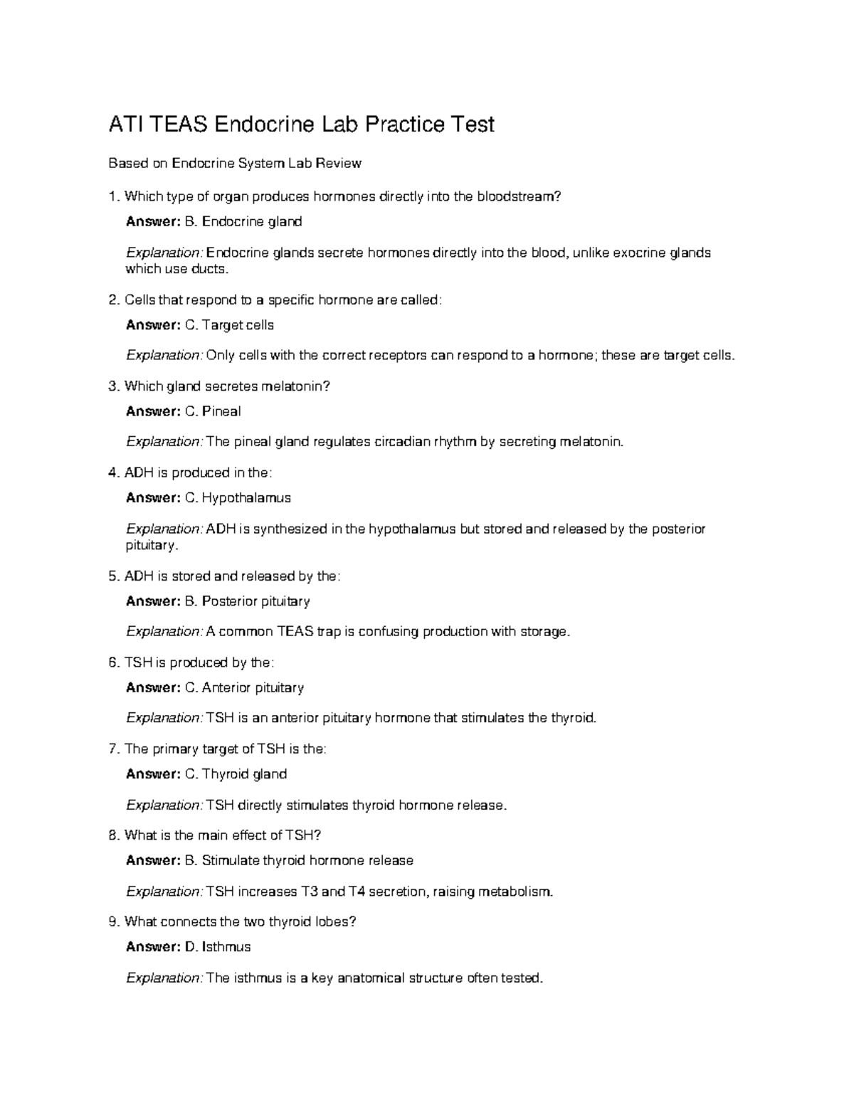 ATI TEAS Endocrine Lab Practice Test with Answers - Studocu