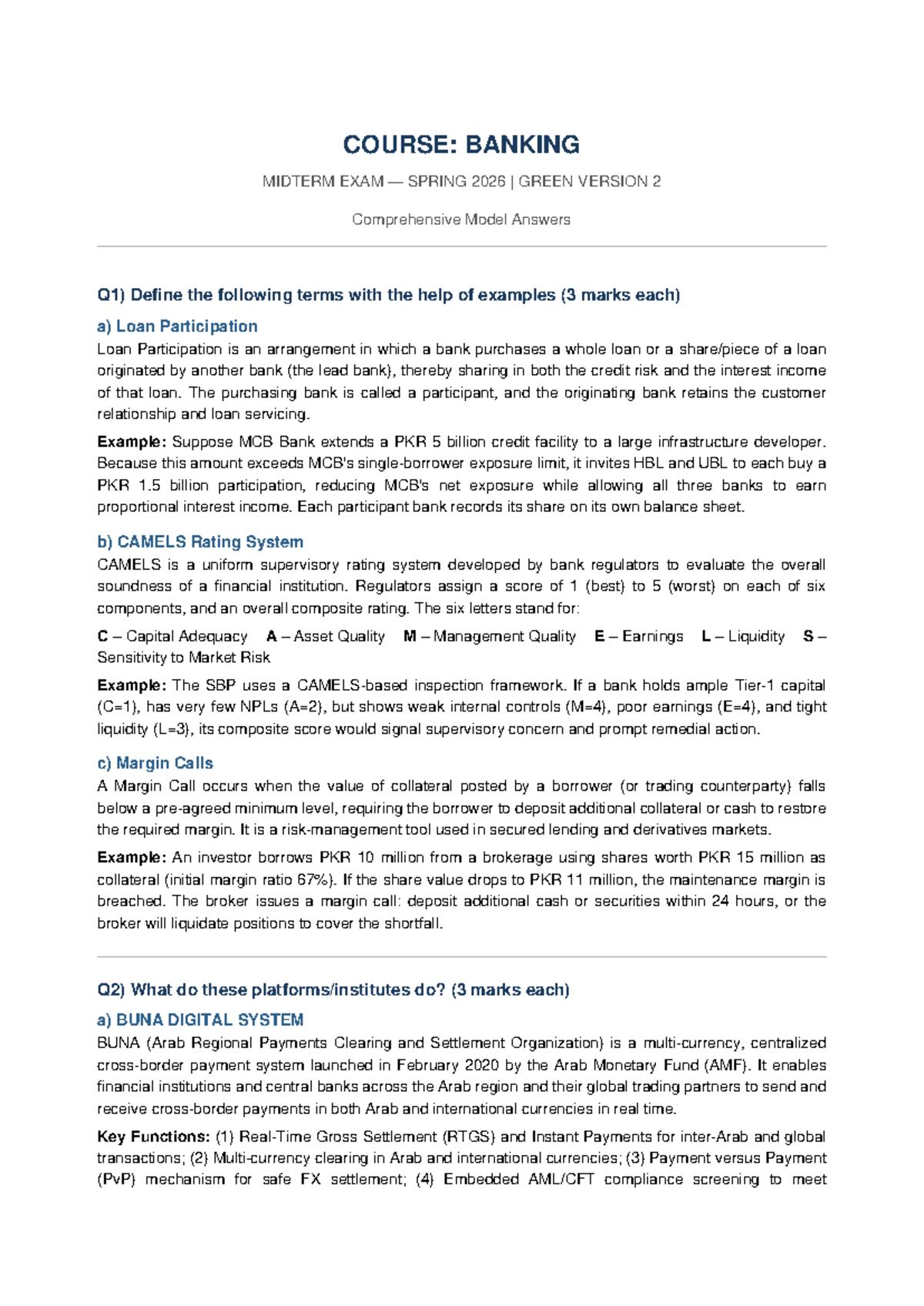 BANKING 2026 MIDTERM EXAM GREEN VERSION 2 MODEL ANSWERS - Studocu