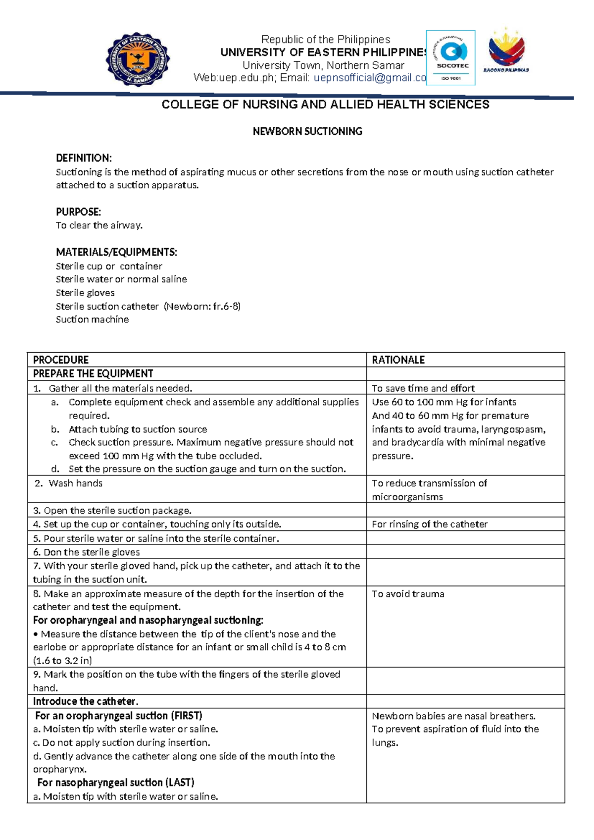 Nursing 101: Newborn Suctioning Procedure and Guidelines - Studocu