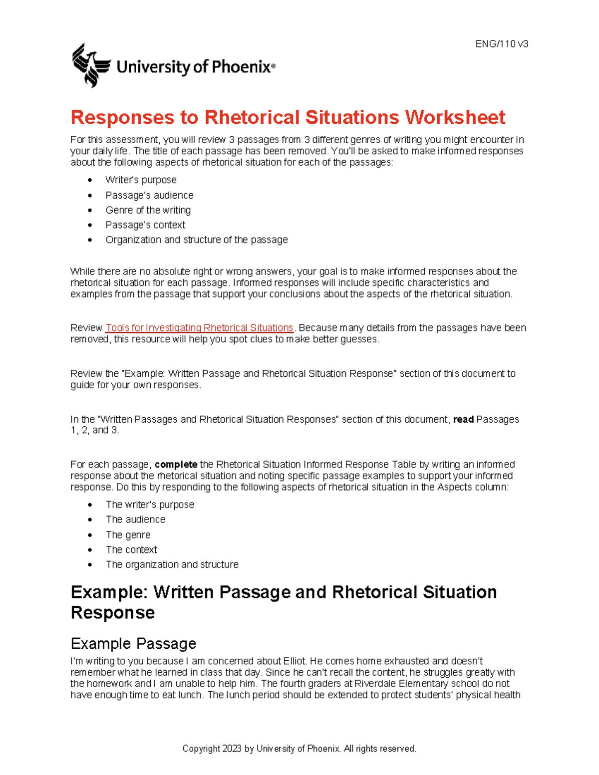 ENG110 v3 Week 2 Responses to Rhetorical Situations Worksheet - Studocu