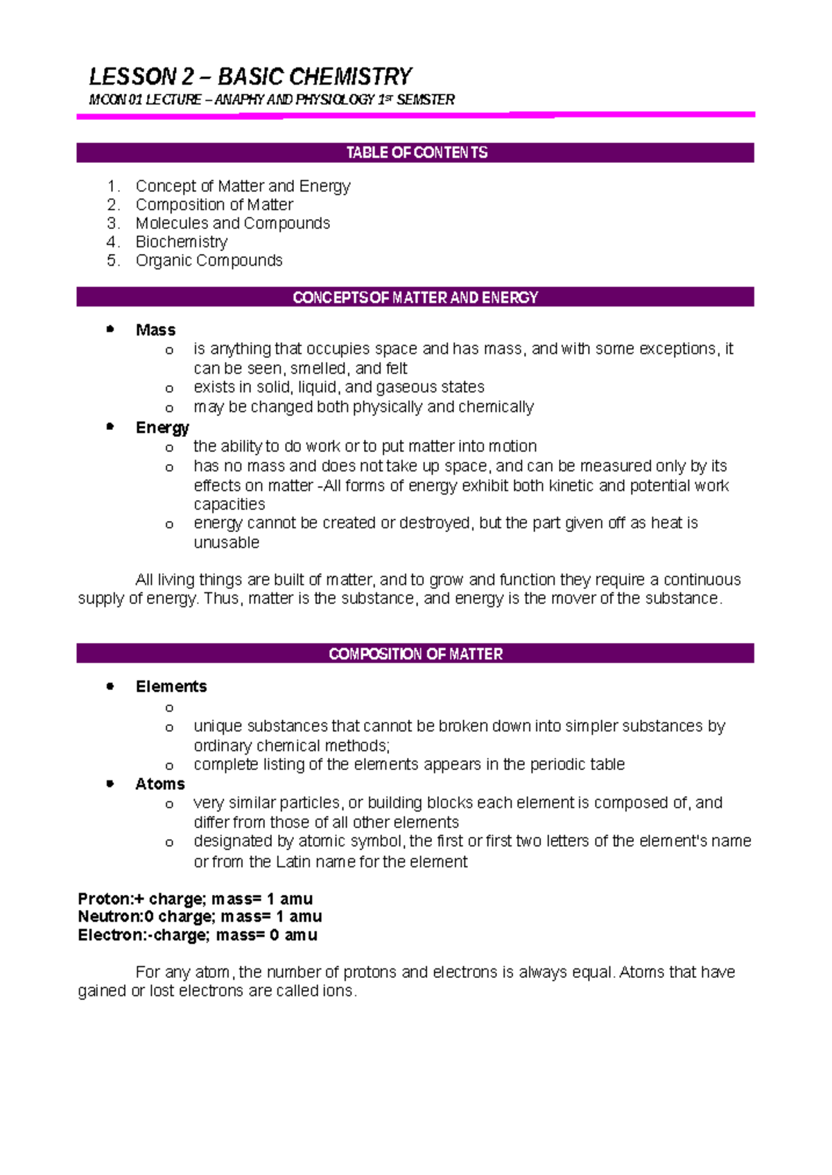 Lesson 2 - Basic Chemistry - TABLE OF CONTENTS Concept of Matter and ...