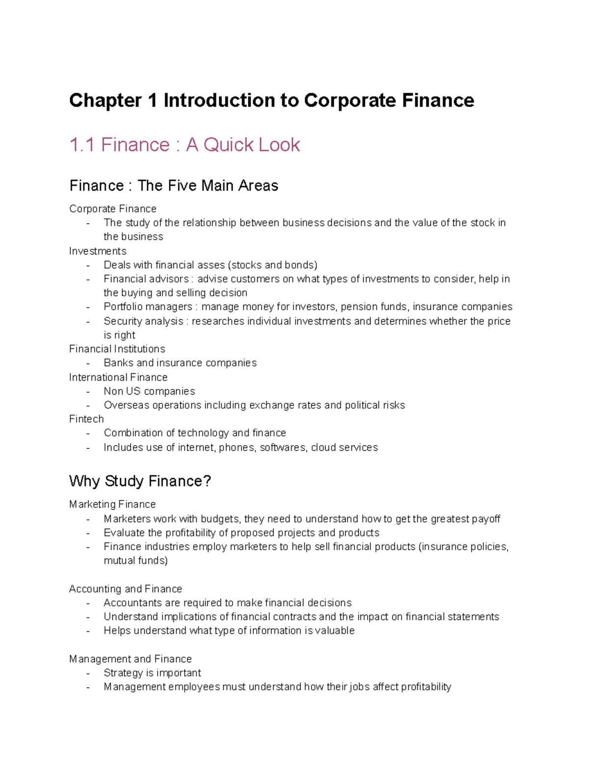 FIN 3610 Chapter 1: Introduction to Corporate Finance Concepts - Studocu