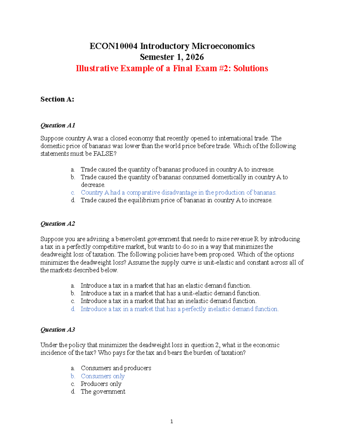 ECON10004 Introductory Microeconomics Final Exam #2 Solutions - Studocu