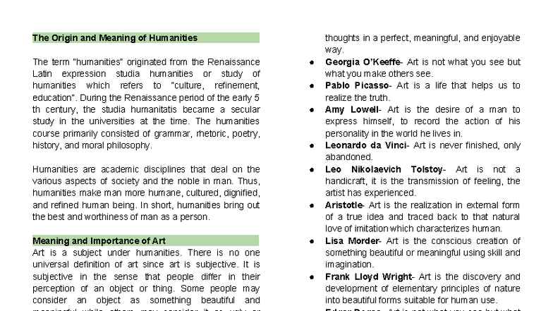 GEC 101: Art Appreciation Notes and Insights on Humanities - Studocu