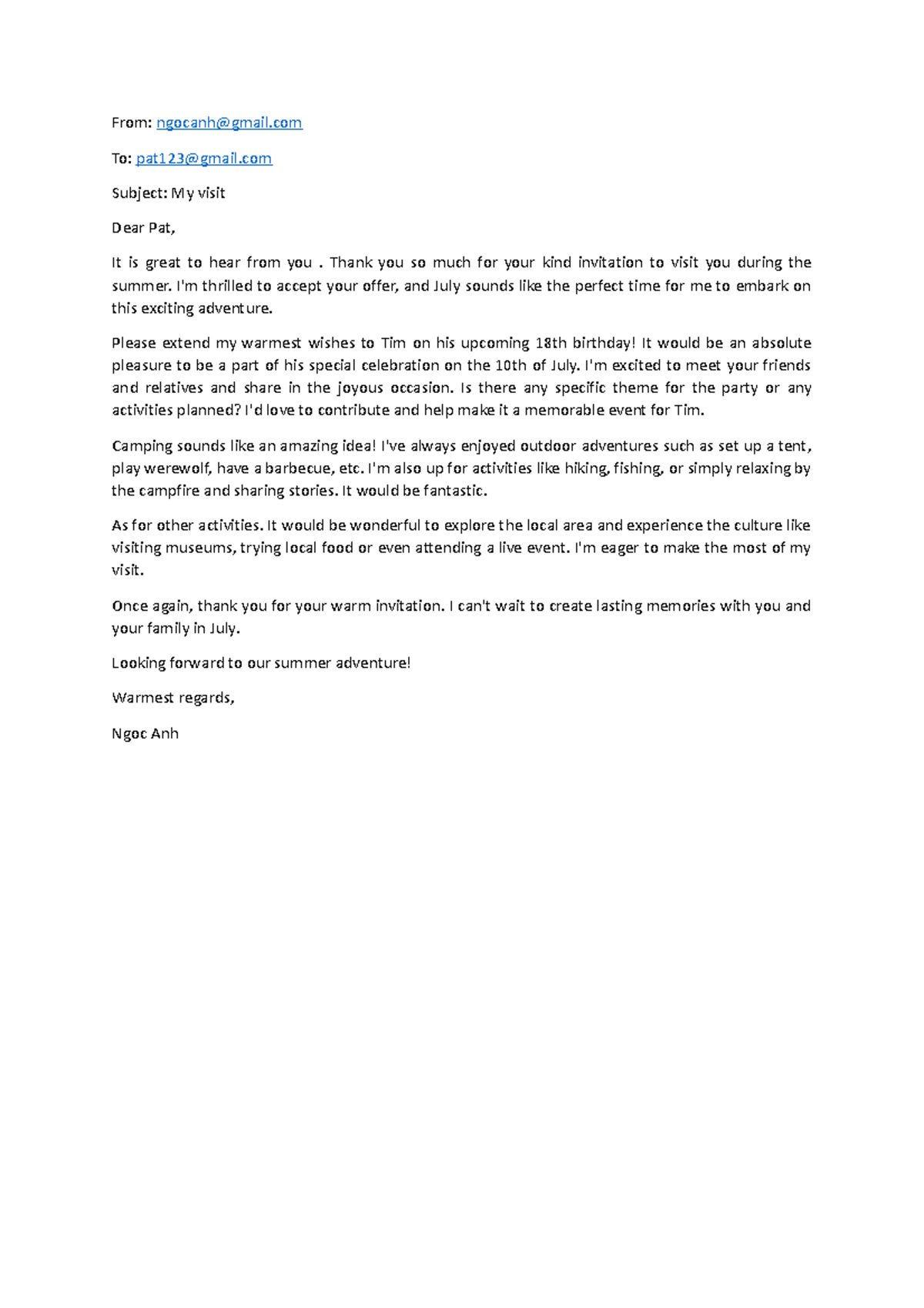 Sample email writing-Ngọc Ánh - From: ngocanh@gmail To: pat123@gmail ...