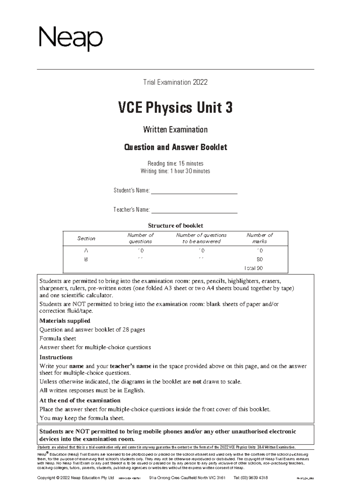 VCE Physics Unit 3 Trial Exam 2022: Question & Answer Booklet - Studocu