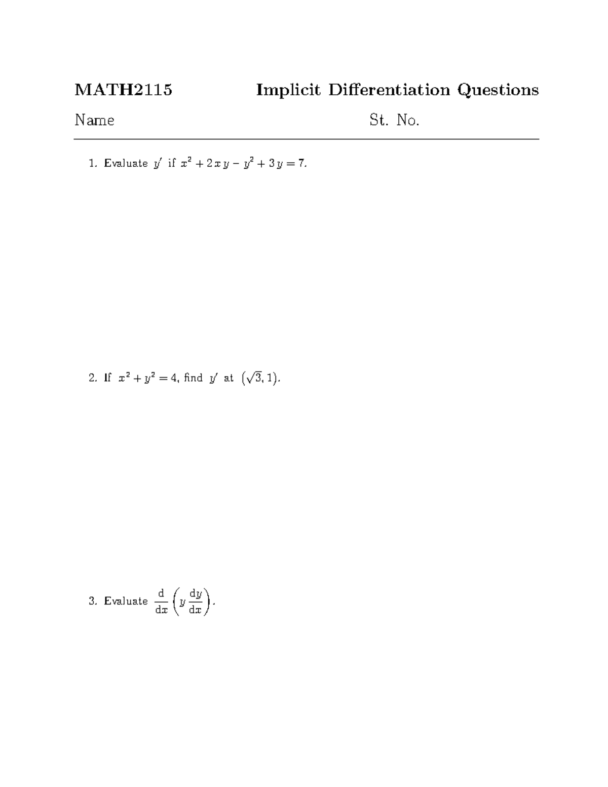 MATH2115 Implicit Differentiation Practice Questions and Solutions ...