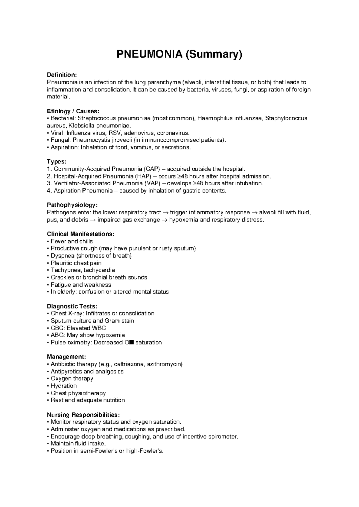 PNEUMONIA (Summary) - Causes, Types, and Management Insights - Studocu