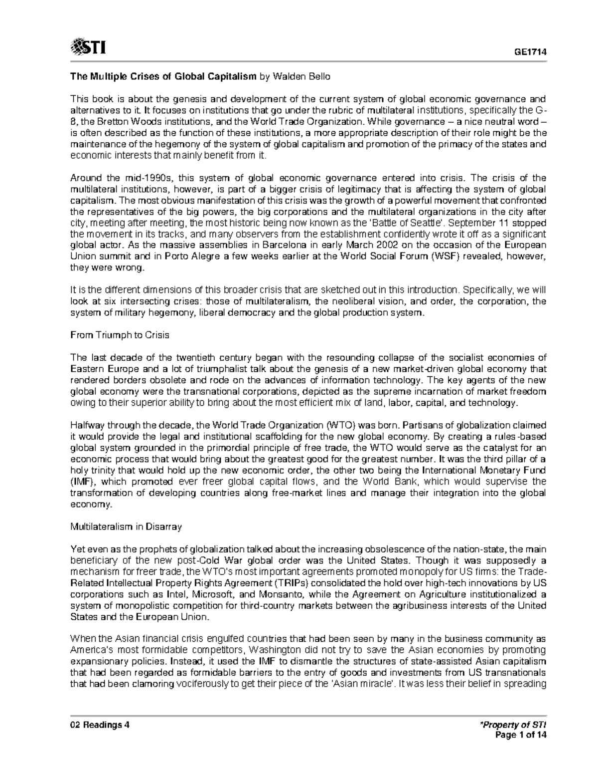 02 Readings 4 - The Multiple Crises of Global Capitalism Overview - Document Preview