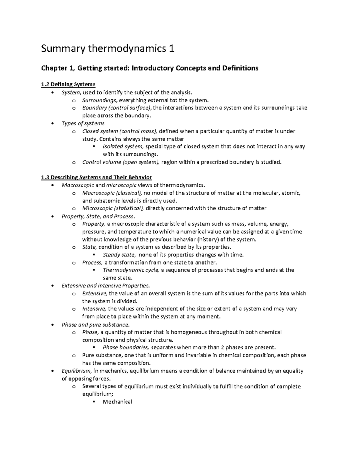 Thermodynamics 1 Summary: Chapters 1-6 Overview and Key Concepts ...