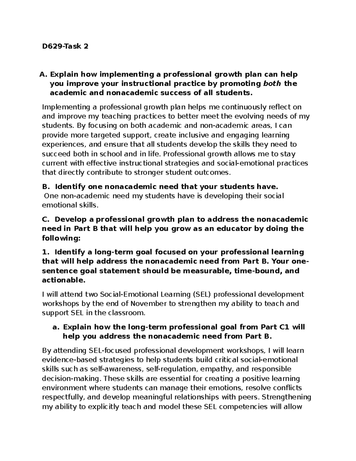 D629 - Professional Growth Plan for Enhancing SEL & Tech Skills - Studocu