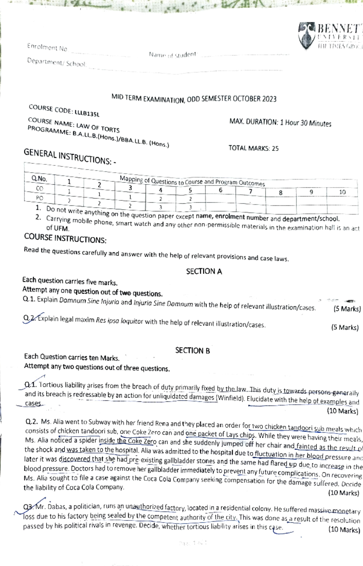 Midterm Exam Qs for Law of Torts (LLLB135L) - Bennett 2023 - Studocu