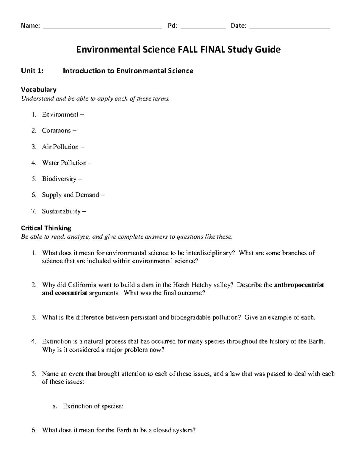 Environmental Fall Exam Study Guide - Name ...