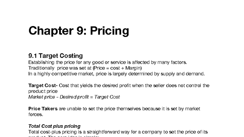 COMM 305 Chapter 9: Target Costing and Pricing Strategies - Studocu