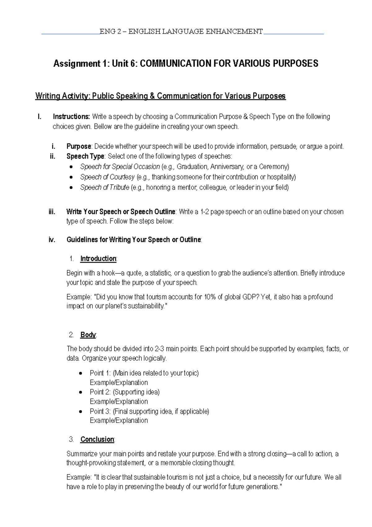 ENG 2 ENGLISH LANGUAGE ENHANCEMENT Assignments: Public Speaking ...