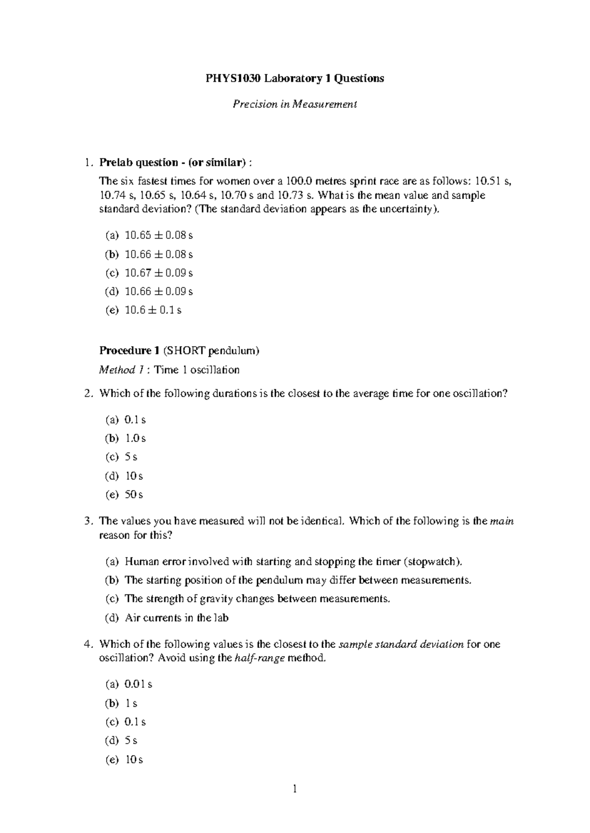 Lab 1 Questions on Precision in Measurement - PHYS1030 - Studocu