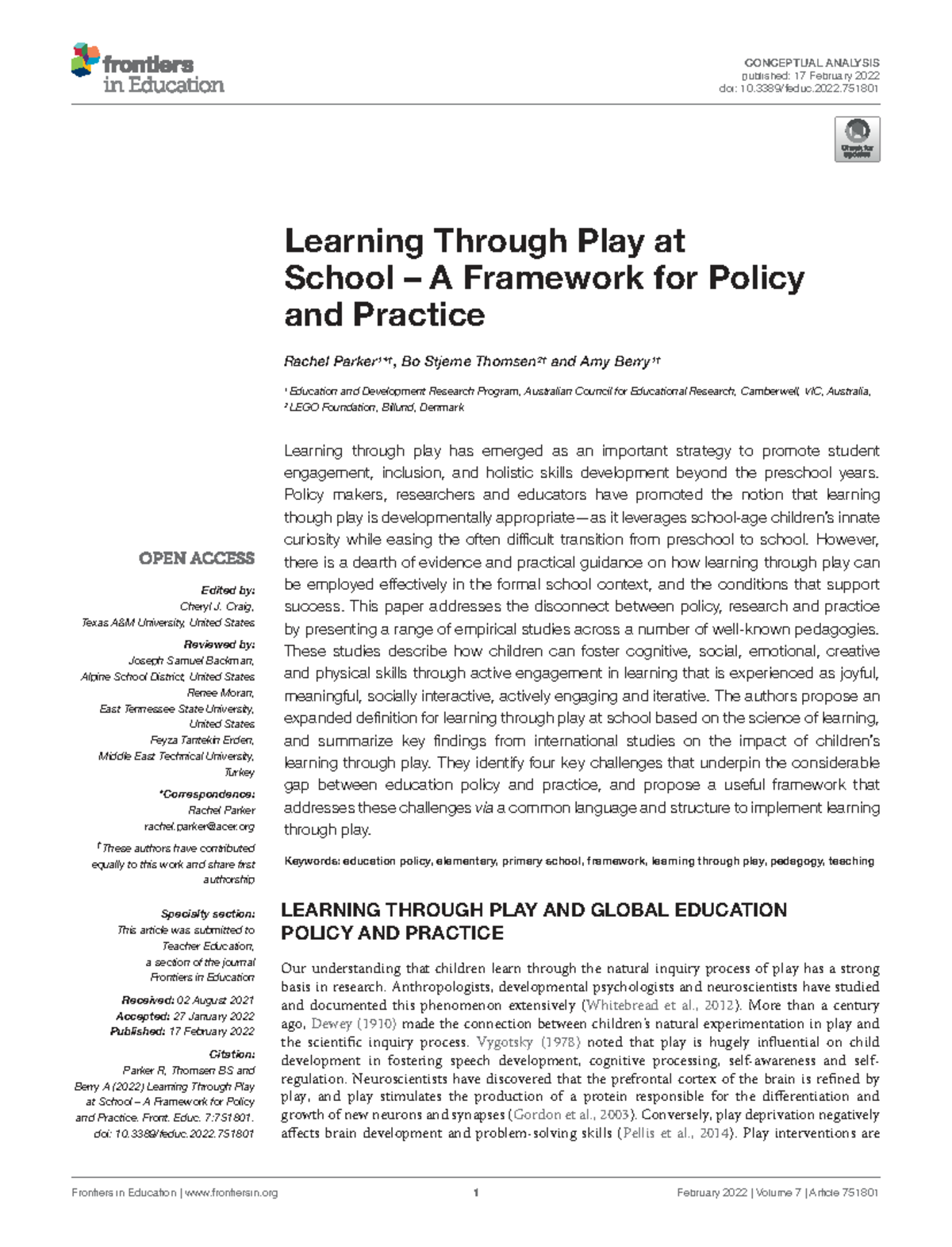 Feduc-07: Learning Through Play Framework for Policy and Practice - Studocu