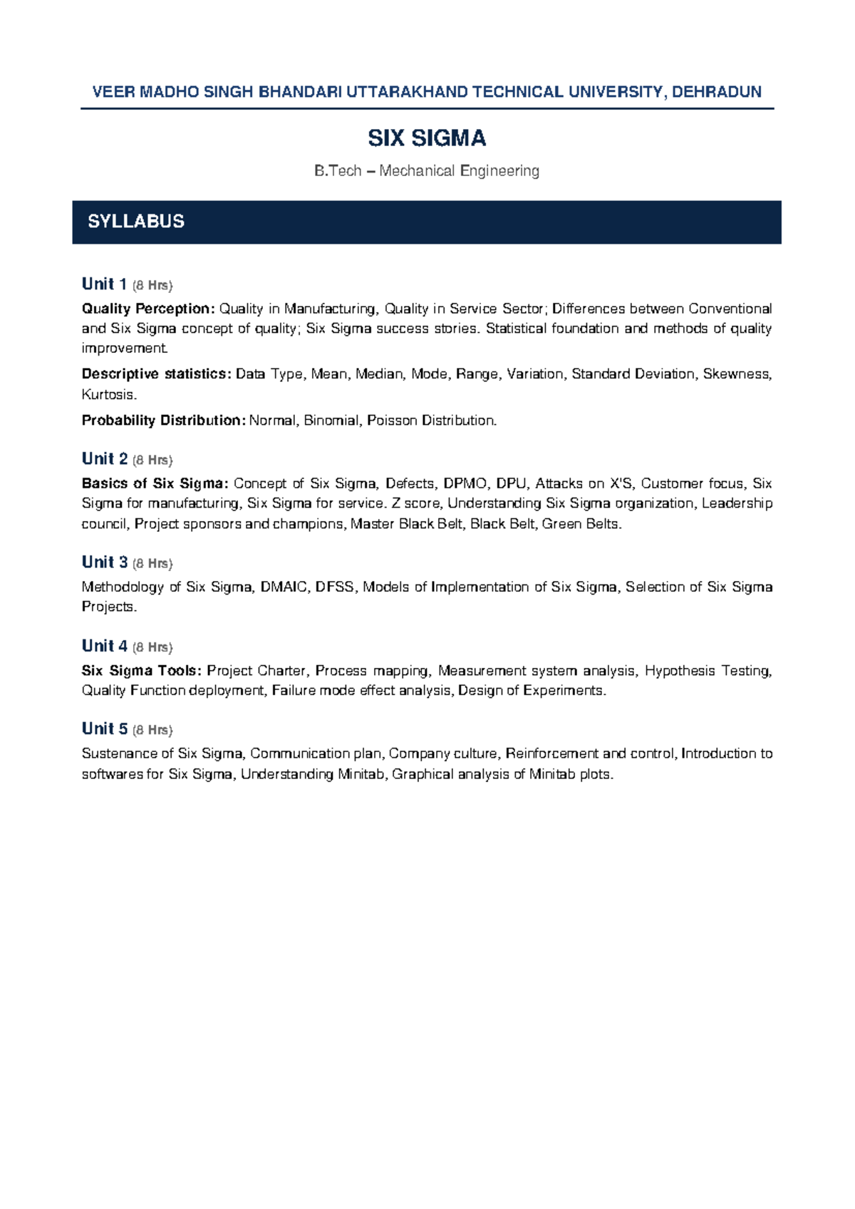 B.Tech Mechanical Engineering - Six Sigma Syllabus (Unit 1-5) - Studocu