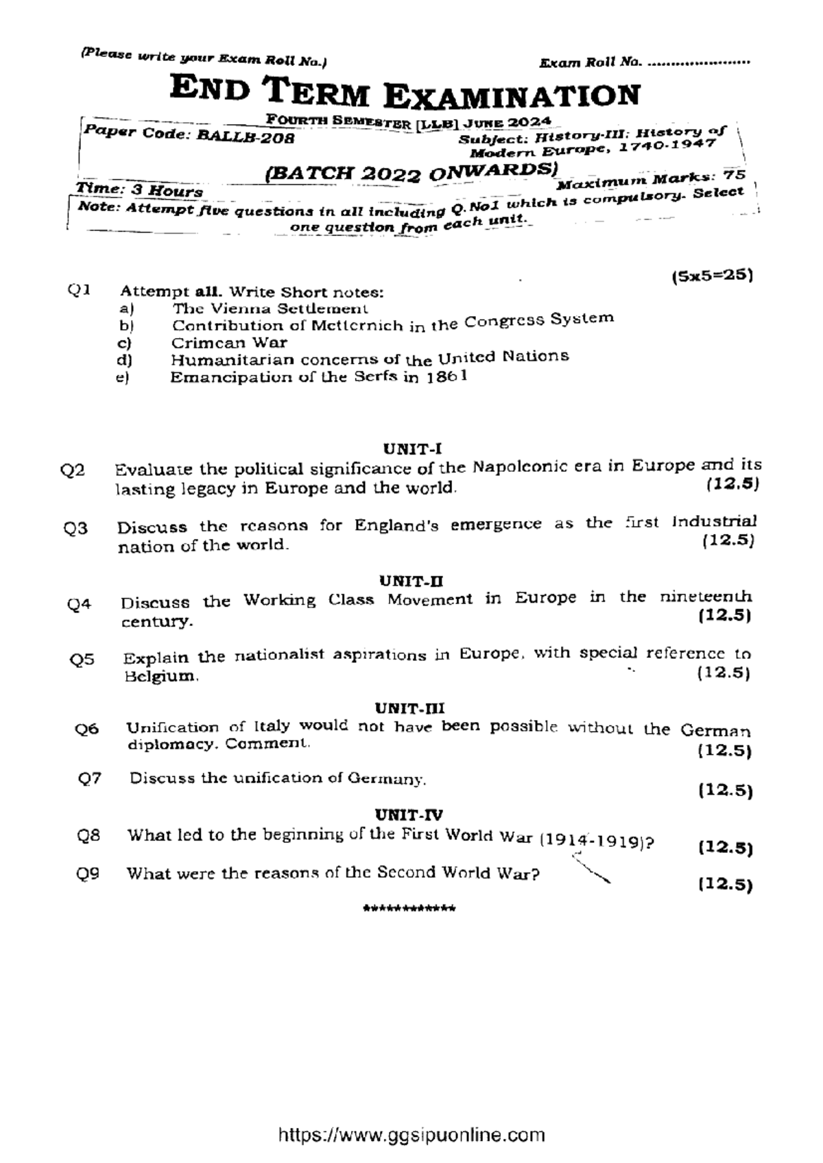LLB 4th Sem Final Exam: History of Modern Europe (1740-1947) - Studocu