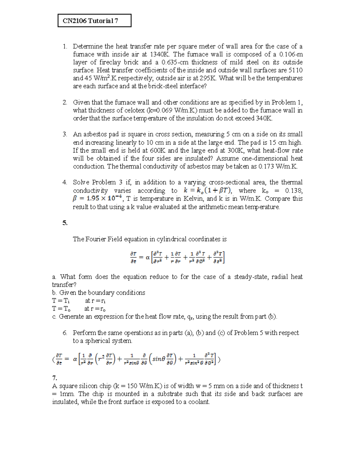CN2106 Tutorial 7: Heat Transfer Rate and Conduction Problems - Studocu
