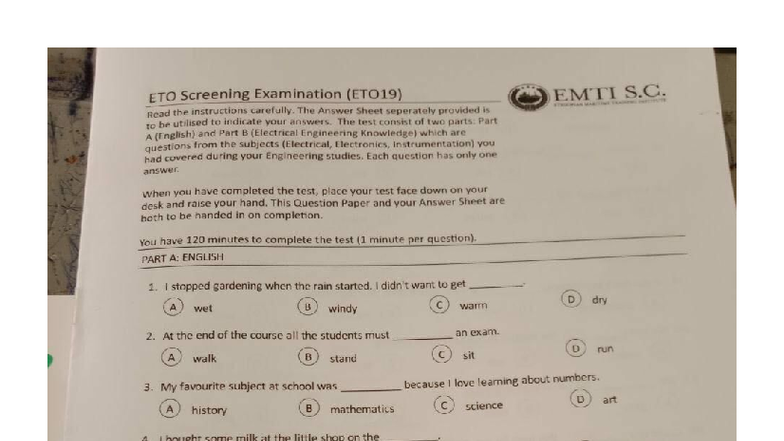 ETO19 Screening Examination: EMTI S.C. Maritime Trainers - Studocu