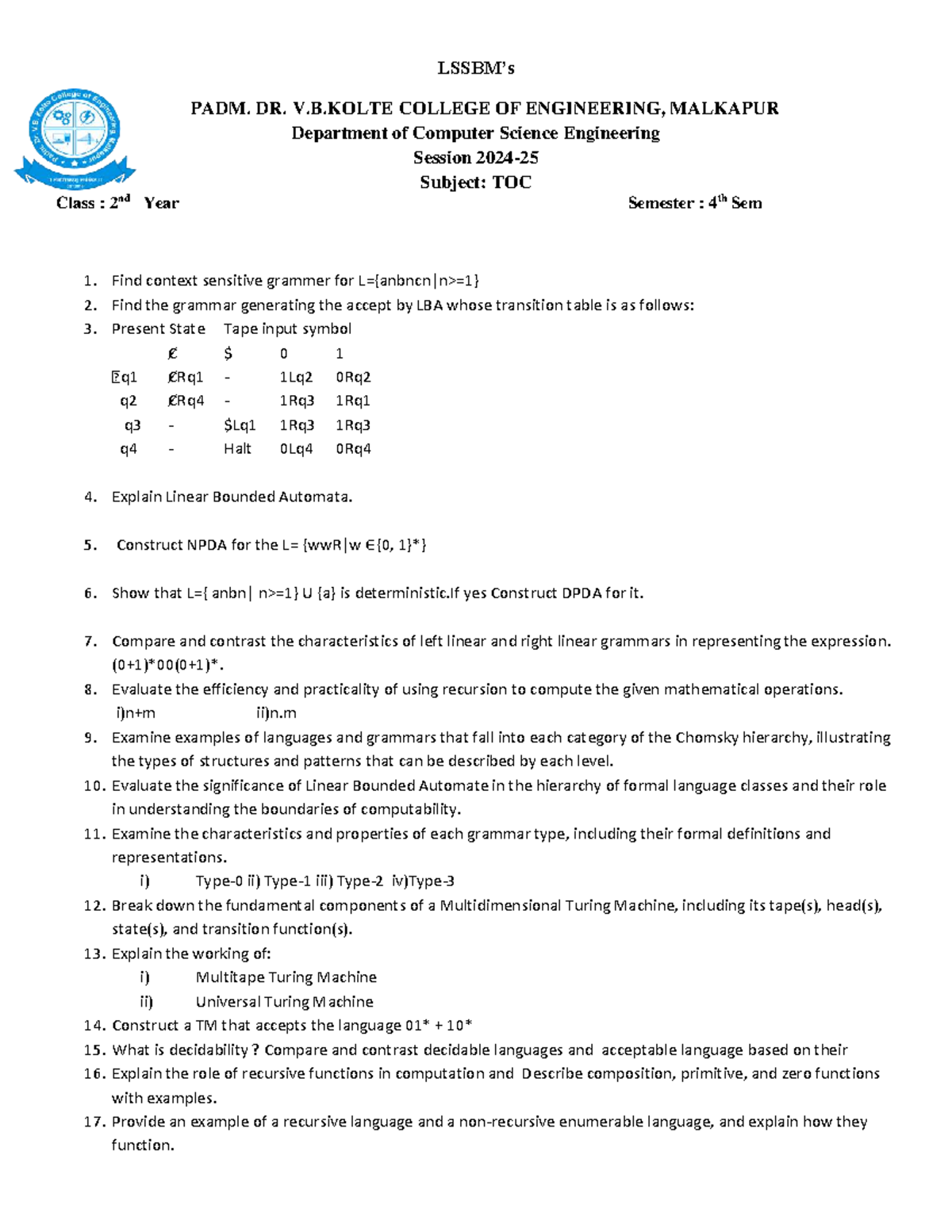 PADM TOC 2nd Year Sem 4 - Important Questions Practice Guide - Studocu