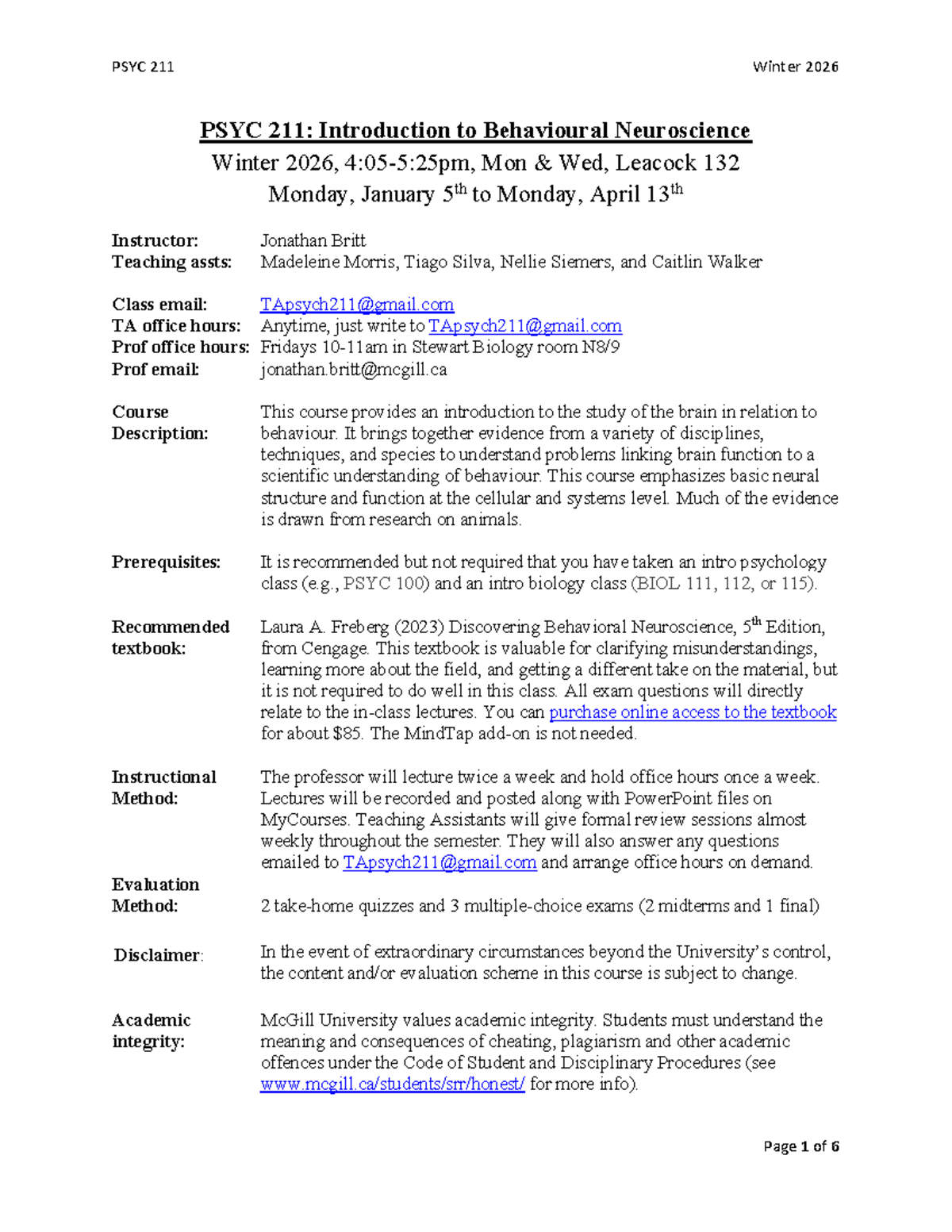 PSYC 211 Winter 2026: Intro to Behavioural Neuroscience Syllabus - Studocu