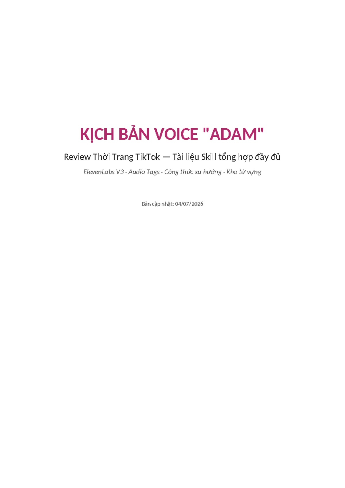 KỊCH BẢN VOICE Review Thời Trang TikTok - Tài Liệu Skill Adam - Document Preview