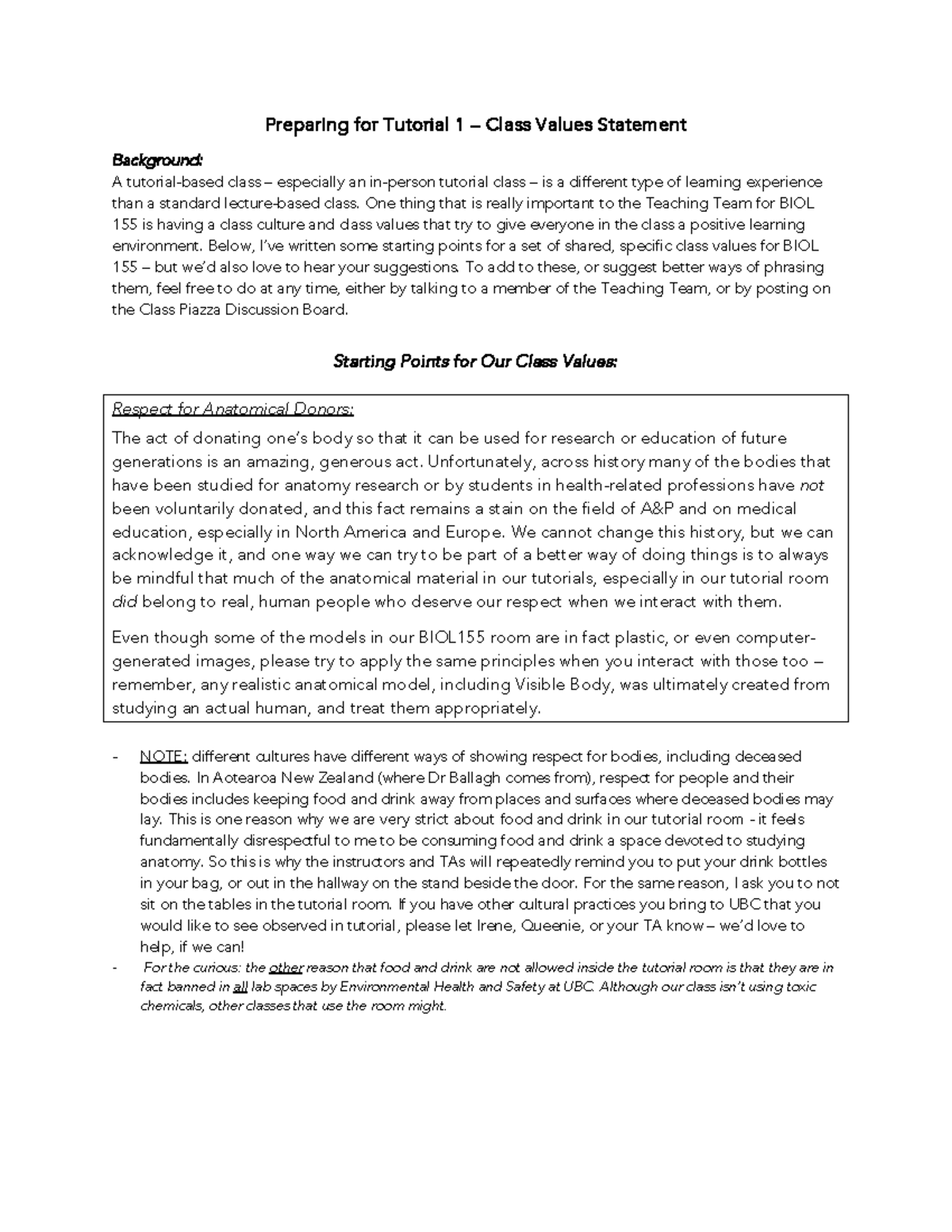 Class Values Statement for BIOL 155 Tutorials 2023 - Studocu