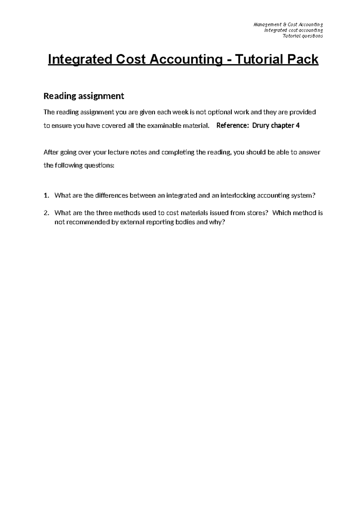 Integrated Cost Accounting - Management Tutorial Questions Pack - Studocu