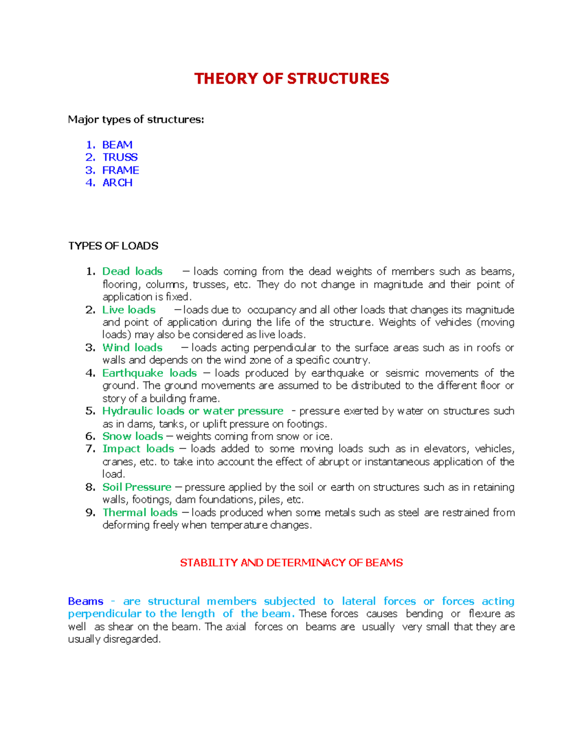Structural Theory Notes: Types of Structures and Load Analysis - Studocu