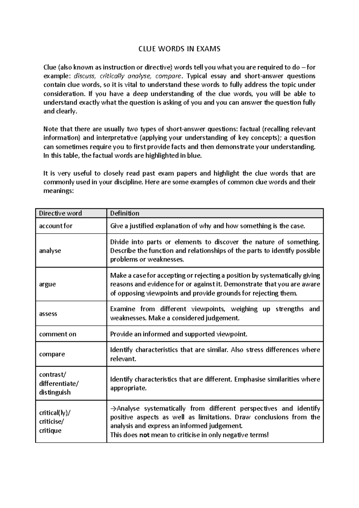 CLUE WORDS IN EXAMS: Understanding Directive Terms for Success - Studocu