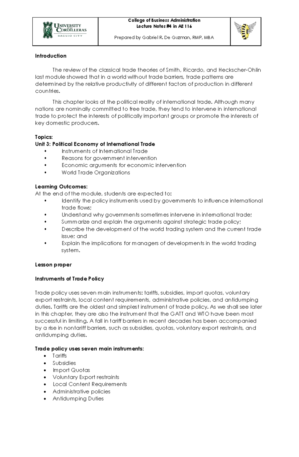 AE 116 Lecture Notes: Political Economy of International Trade by De ...