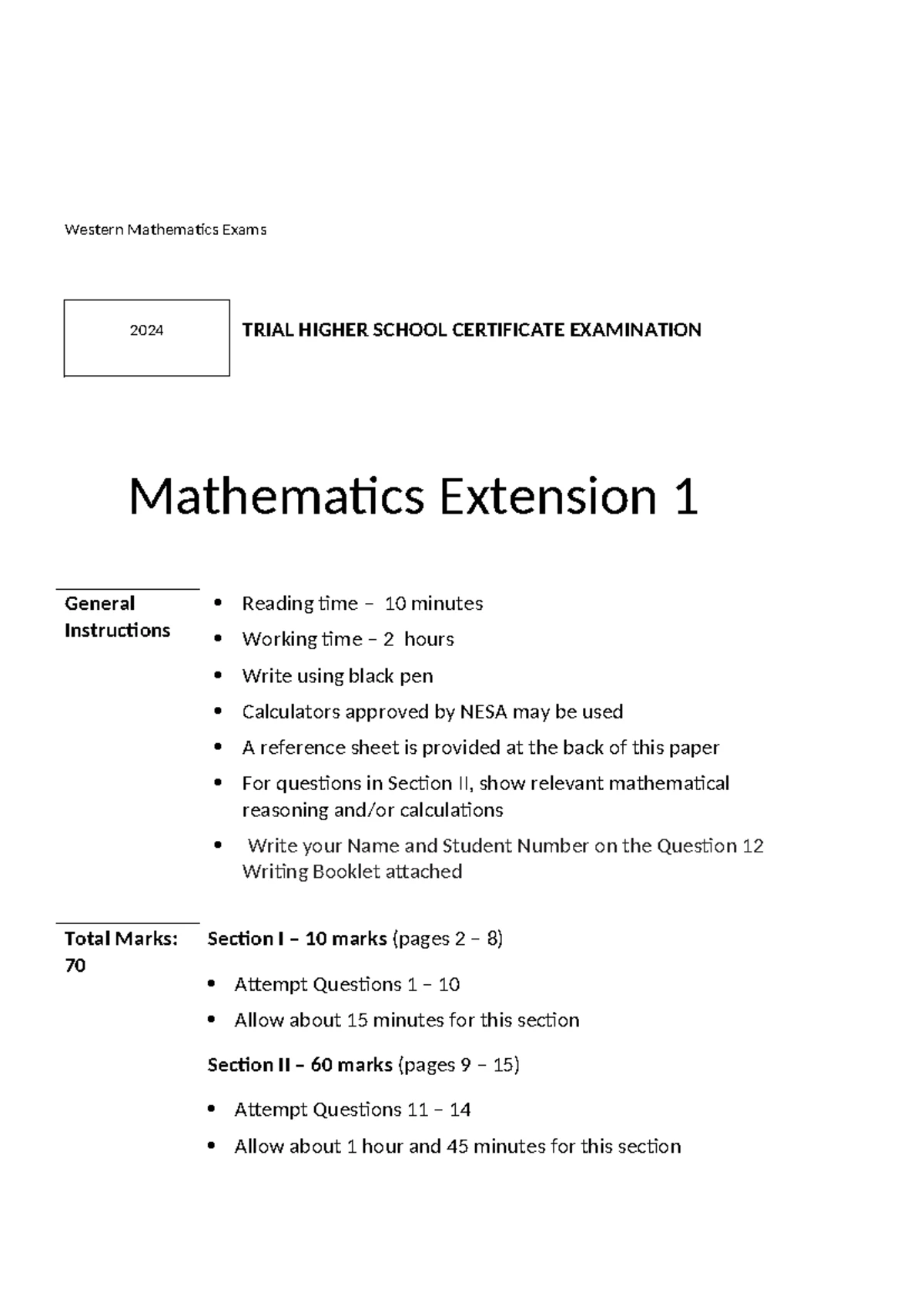 WME HSC Advanced Mathematics Trial Exam 2024 - Studocu