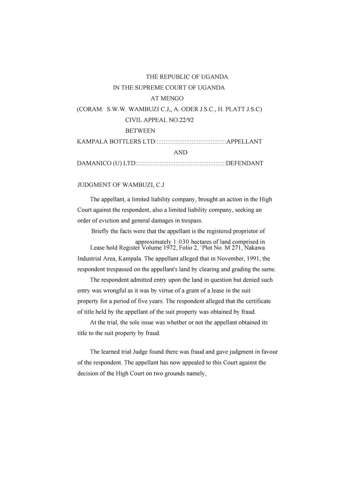 Kampala Bottlers Ltd v Damanico (U) Ltd: Civil Appeal No 2292 Judgment ...